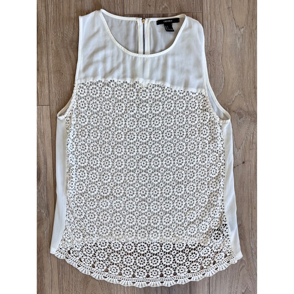 Forever 21 WMS Sm Floral Crochet Sleeveless Top Sheer Back Boho Y2K Indie Sleeze